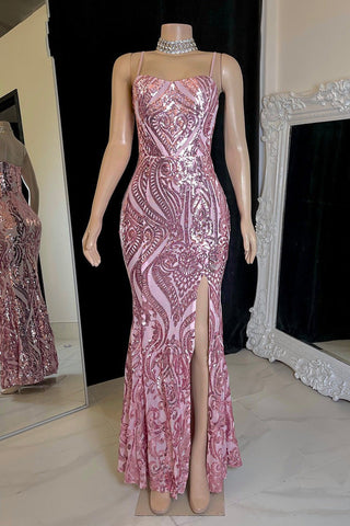 Modest Spaghetti-Straps Mermaid Prom Dress Sequins Sleeveless With Slit