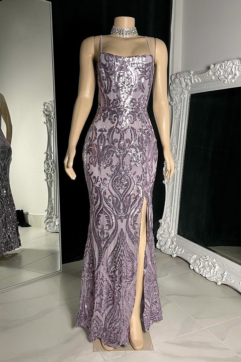 Modest Spaghetti-Straps Mermaid Prom Dress Sequins Sleeveless With Slit