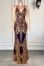 Modest Spaghetti-Straps Sequins Mermaid Prom Dresses Long V-Neck