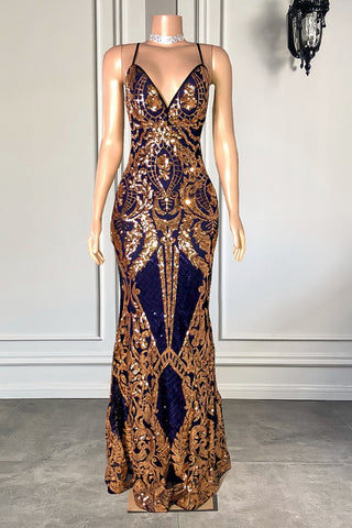 Robe de bal sirène à fines bretelles et sequins, col V long, taille basse