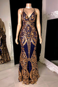 Modest Spaghetti-Straps Sequins Mermaid Prom Dresses Long V-Neck