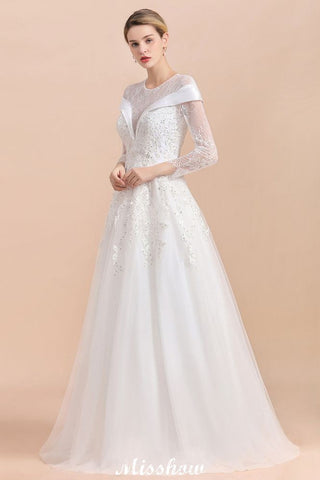 Vestido de novia sencillo con apliques de cuentas blancas, manga larga y largo hasta el suelo.