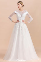 Vestido de novia sencillo con apliques de cuentas blancas, manga larga y largo hasta el suelo.