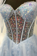 Nalda | Vestido de fiesta azul de tirantes finos, lentejuelas y tul corte A 