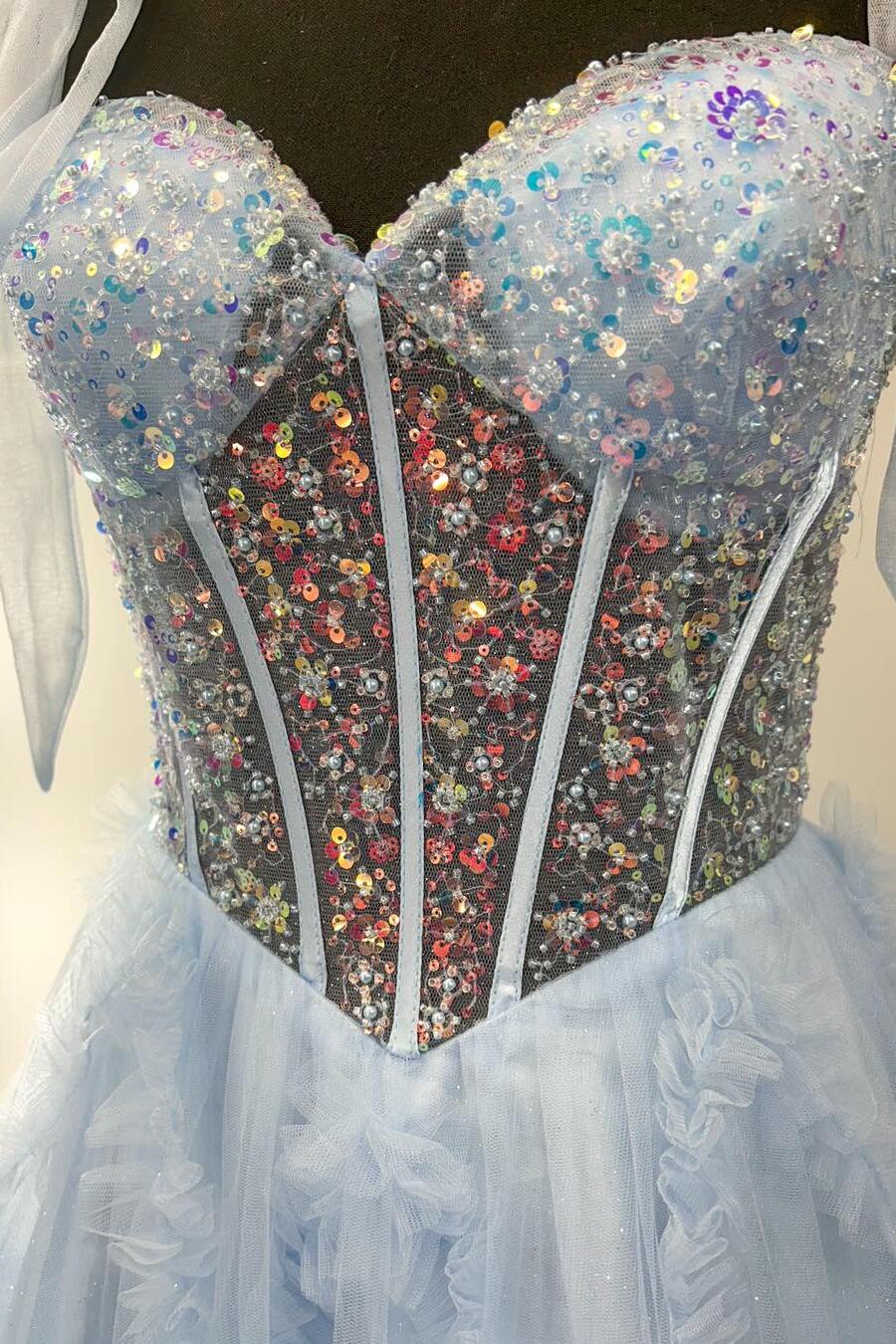 Nalda | Vestido de fiesta azul de tirantes finos, lentejuelas y tul corte A 