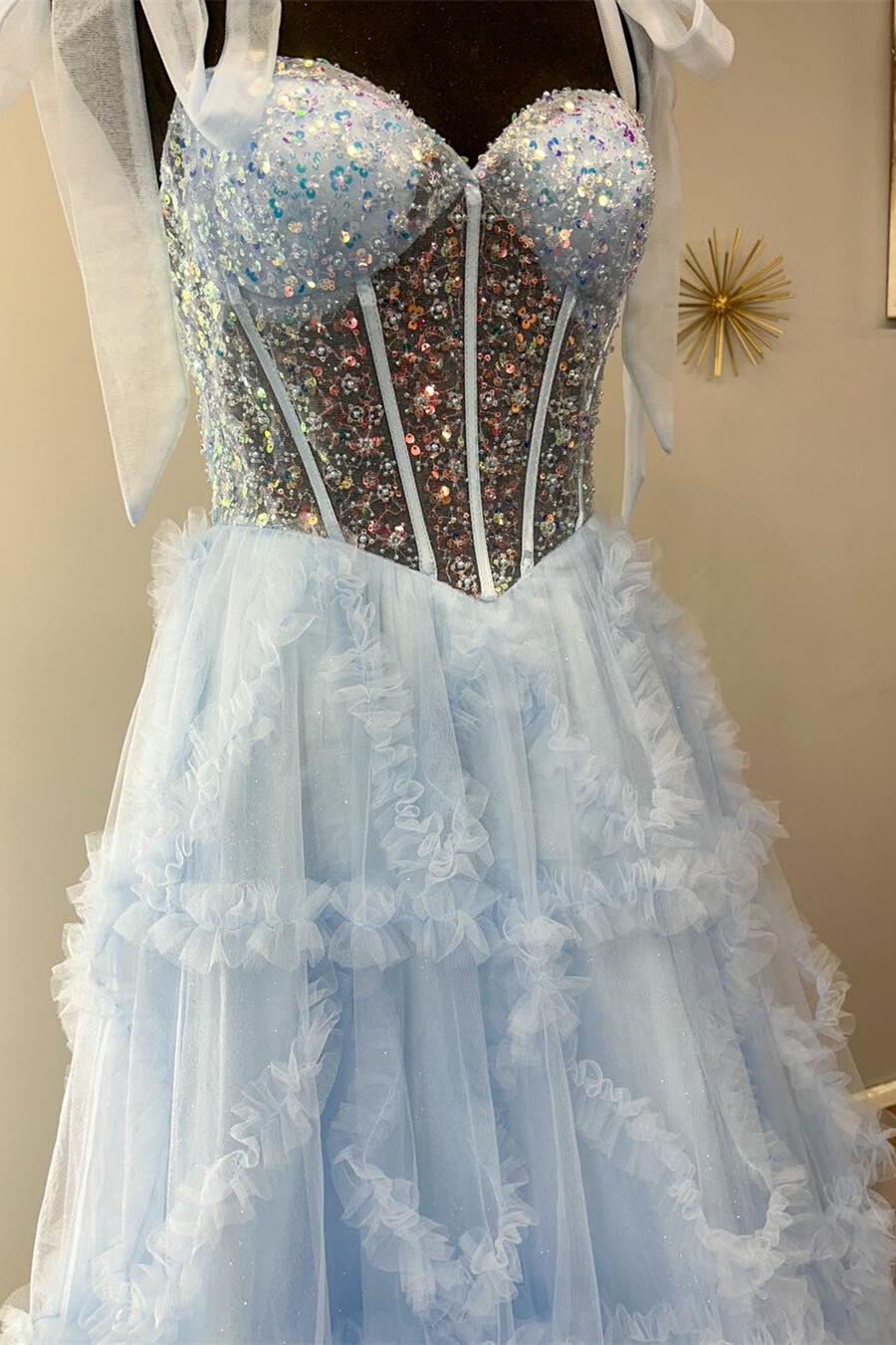 Nalda | Vestido de fiesta azul de tirantes finos, lentejuelas y tul corte A 