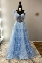 Nalda | Vestido de fiesta azul de tirantes finos, lentejuelas y tul corte A 