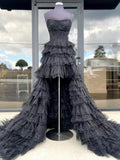 Nanette | Robe de bal noire bustier asymétrique à volants en tulle et tulle 