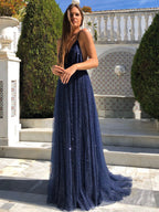 Vestidos de noche formales de fiesta, color azul marino, largos, corte en A, escote en V, espalda descubierta, brillantes, espalda abierta.