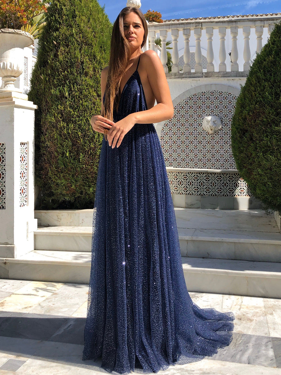 Vestidos de noche formales de fiesta, color azul marino, largos, corte en A, escote en V, espalda descubierta, brillantes, espalda abierta.