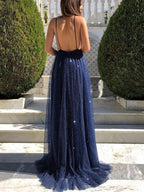 Vestidos de noche formales de fiesta, color azul marino, largos, corte en A, escote en V, espalda descubierta, brillantes, espalda abierta.