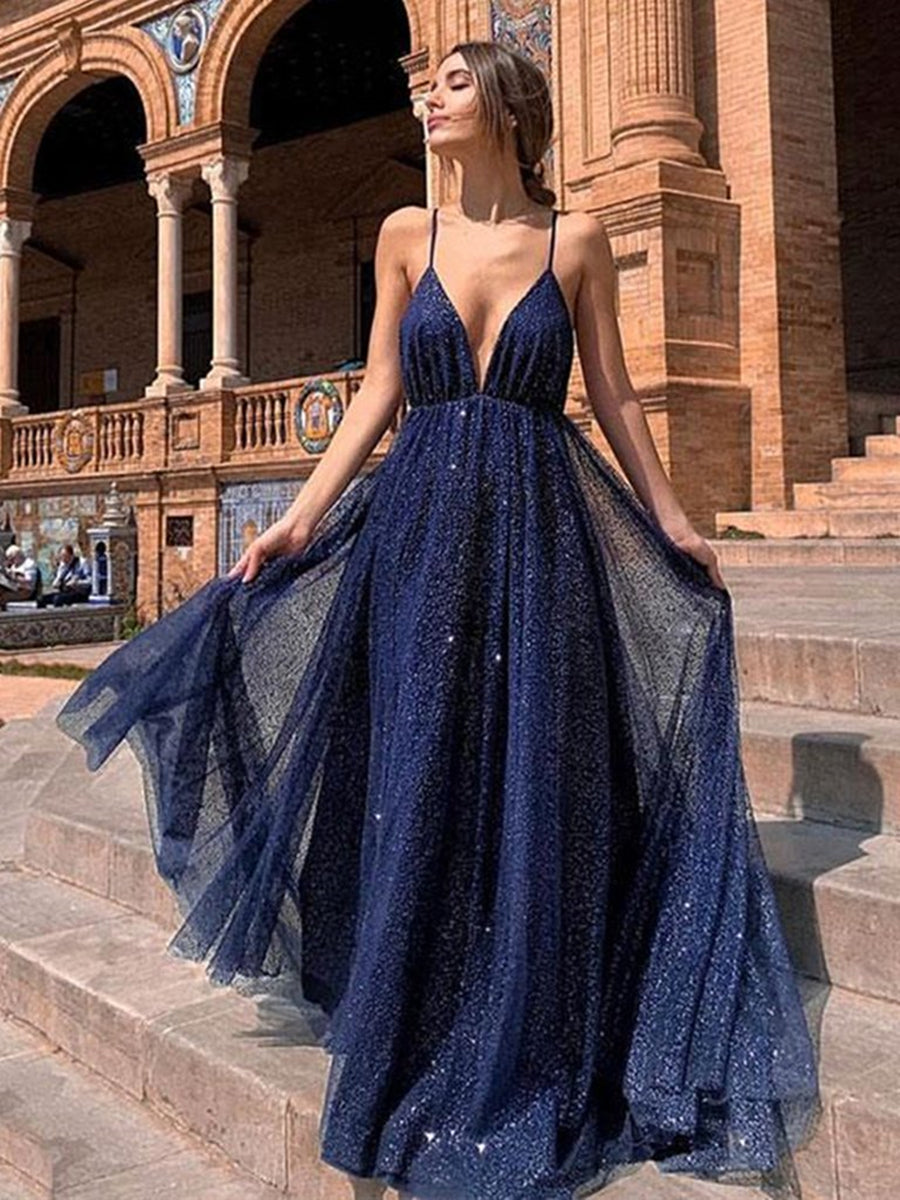 Vestidos de noche formales de fiesta, color azul marino, largos, corte en A, escote en V, espalda descubierta, brillantes, espalda abierta.