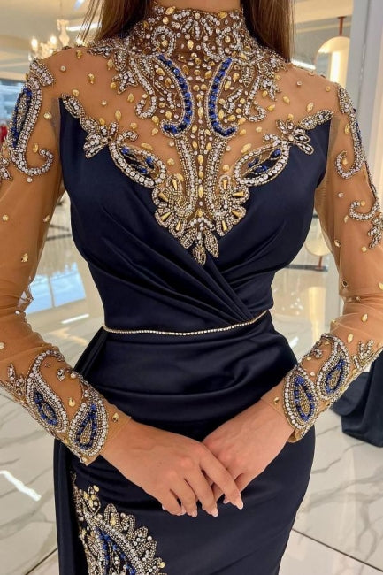 Vestidos de noche largos azul marino con brillo, vestidos de fiesta con mangas