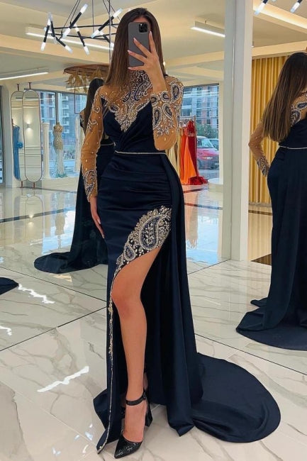 Vestidos de noche largos azul marino con brillo, vestidos de fiesta con mangas