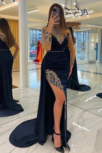 Vestidos de noche largos azul marino con brillo, vestidos de fiesta con mangas