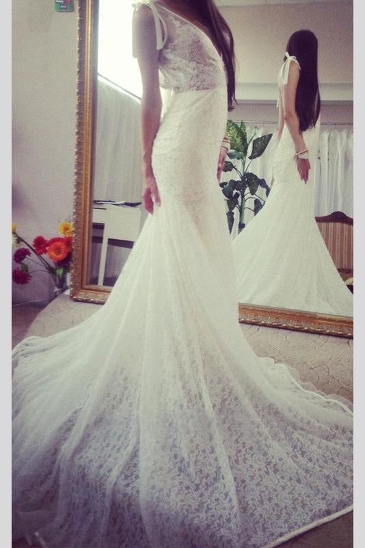 Vestido de novia largo de encaje, elegante, sin mangas, estilo sirena, con escote pronunciado en la espalda y espalda en V. 
