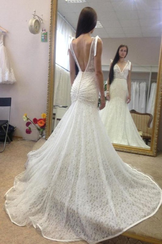 Vestido de novia largo de encaje, elegante, sin mangas, estilo sirena, con escote pronunciado en la espalda y espalda en V. 