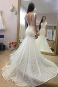Vestido de novia largo de encaje, elegante, sin mangas, estilo sirena, con escote pronunciado en la espalda y espalda en V. 