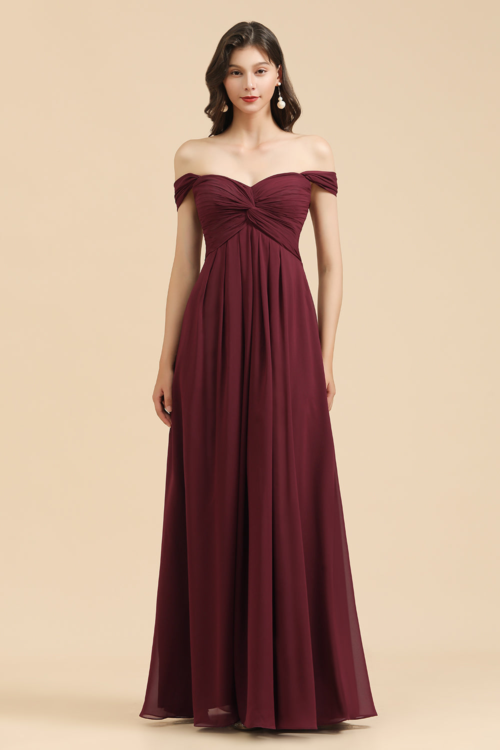 Vestido largo de dama de honor burdeos, corte en A, escote corazón y hombros descubiertos (nueva llegada) 
