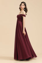 Vestido largo de dama de honor burdeos, corte en A, escote corazón y hombros descubiertos (nueva llegada) 