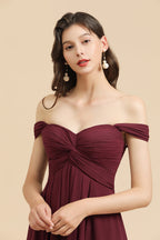 Vestido largo de dama de honor burdeos, corte en A, escote corazón y hombros descubiertos (nueva llegada) 