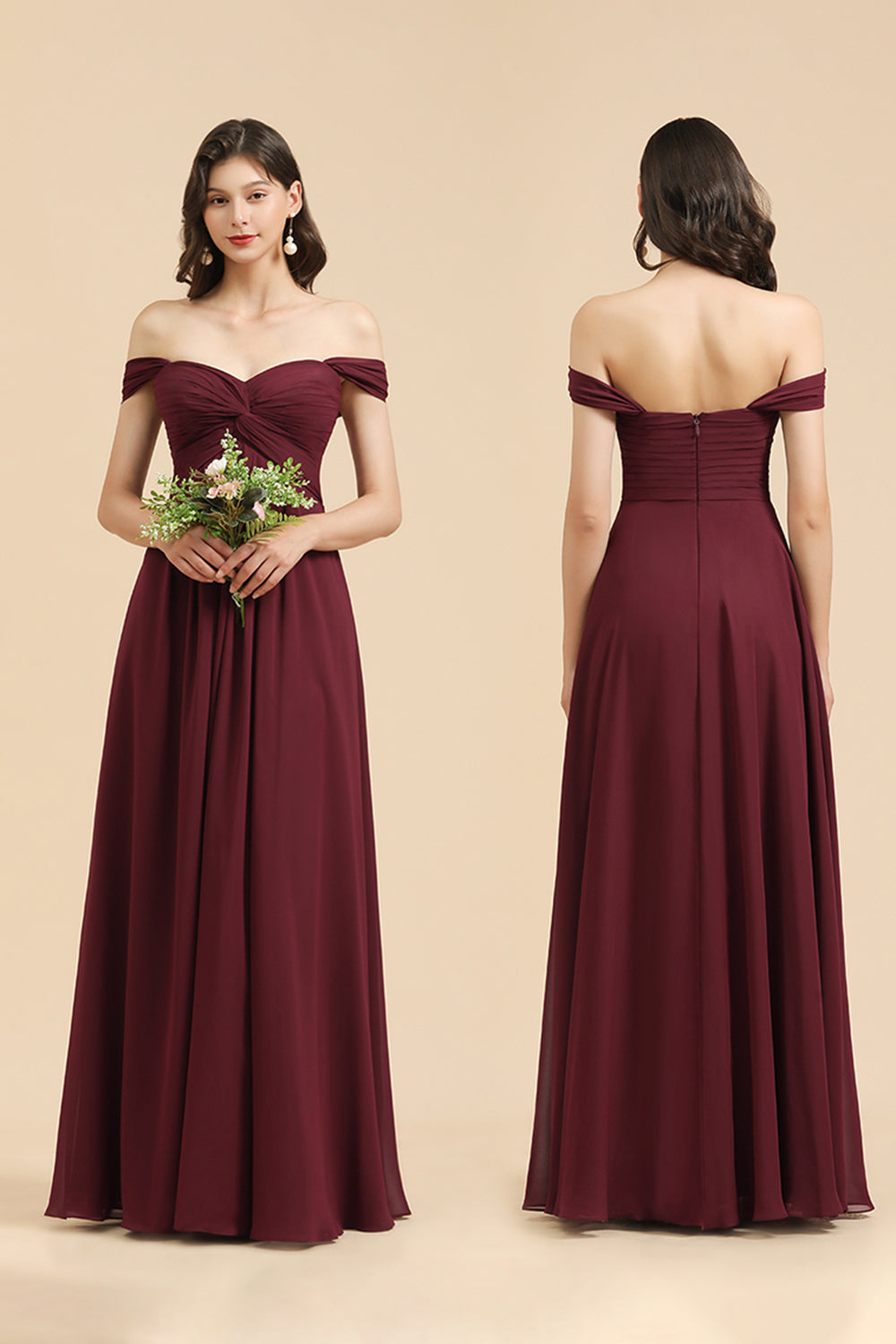 Vestido largo de dama de honor burdeos, corte en A, escote corazón y hombros descubiertos (nueva llegada) 