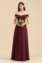 Vestido largo de dama de honor burdeos, corte en A, escote corazón y hombros descubiertos (nueva llegada) 