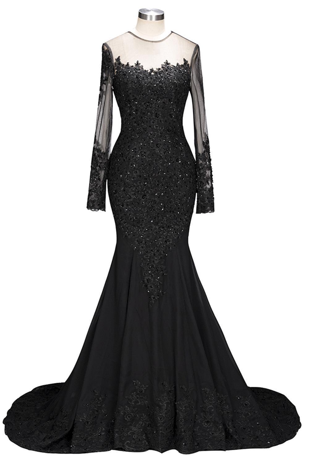New Arrival Black Long Sleevess Lace Mermaid Prom Dress Sequins Long