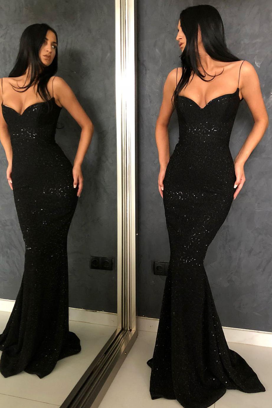 New Arrival Black Spaghetti-Strapss Mermaid Prom Dress Sequins Long