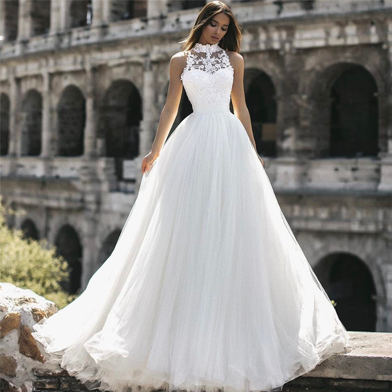 Vestido de novia de cuello alto sin mangas con apliques, recién llegado