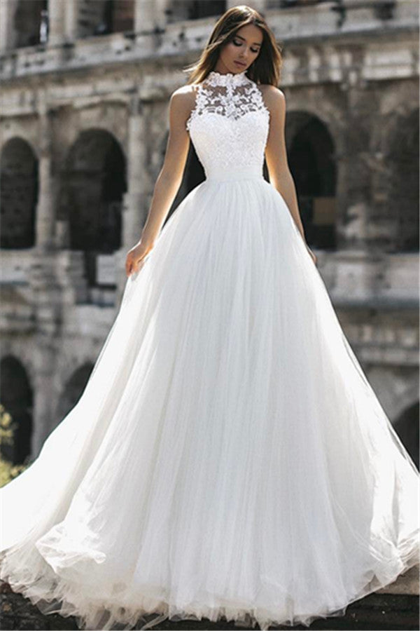 Vestido de novia de cuello alto sin mangas con apliques, recién llegado