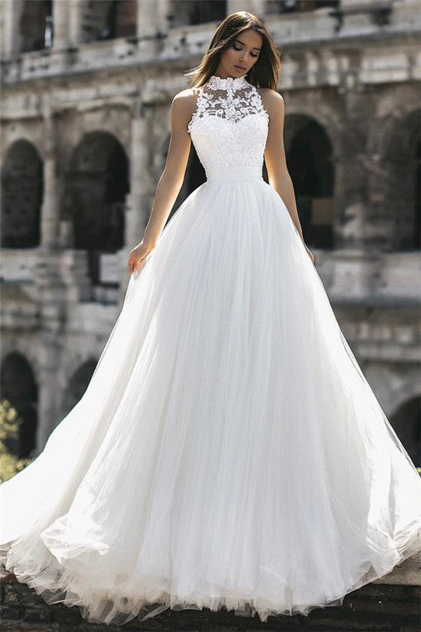 Vestido de novia de cuello alto sin mangas con apliques, recién llegado