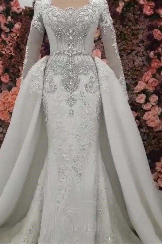 Nouvelle robe de mariée sirène à manches longues avec surjupe