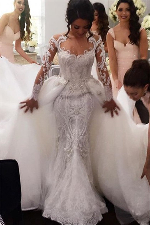 Nouvelle robe de mariée fourreau à manches longues avec traîne amovible