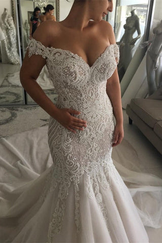 New Arrival Off-the-Shoulder Sweetheart Pearl Mermaid Chapel Train Wedding Dress