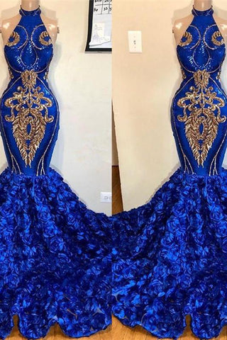 New Arrival Royal Blue Halter Mermaid Prom Dresses Glamorous Sleeveless Flowers Long Evening Gowns