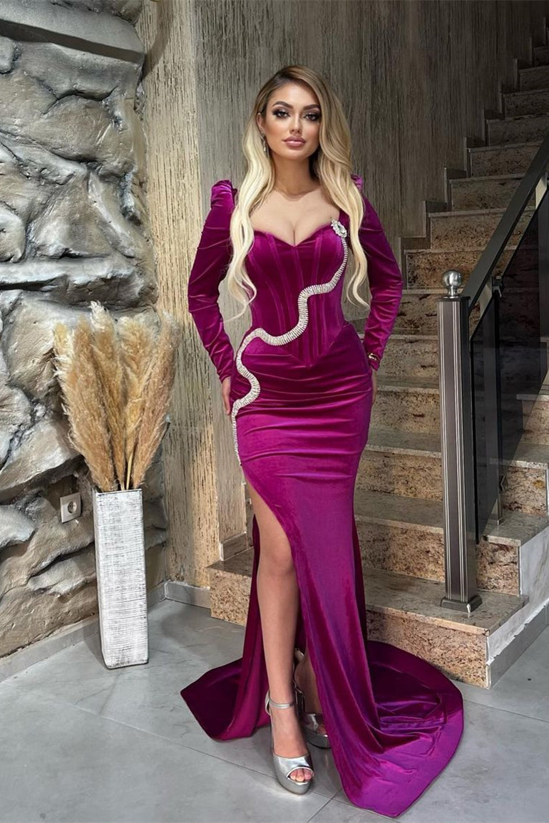 Vestidos de noche de sirena con escote corazón, manga larga y abertura lateral, ¡nuevos disponibles! Disponibles en línea.