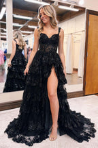 New Arrival Sweetheart Sleeveless A Line Lace Evening Party Gowns with Sweep Train