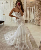 Nouvelle robe de mariée sirène en tulle et dentelle, décolleté cœur, deux couches avec traîne.