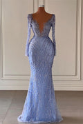 Vestidos de noche de sirena con escote en V, manga larga y cuentas, recién llegados.
