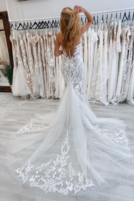 Nuevos vestidos de novia largos de sirena, sin mangas, de encaje y con hombros descubiertos