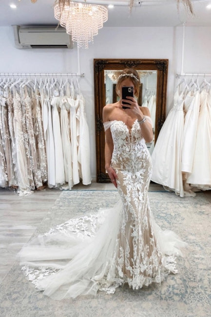 Nuevos vestidos de novia largos de sirena, sin mangas, de encaje y con hombros descubiertos