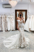 Nuevos vestidos de novia largos de sirena, sin mangas, de encaje y con hombros descubiertos