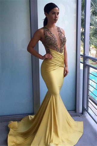 Vestidos de fiesta largos de verano amarillos con volantes, cuentas y apliques de tul transparente estilo sirena.