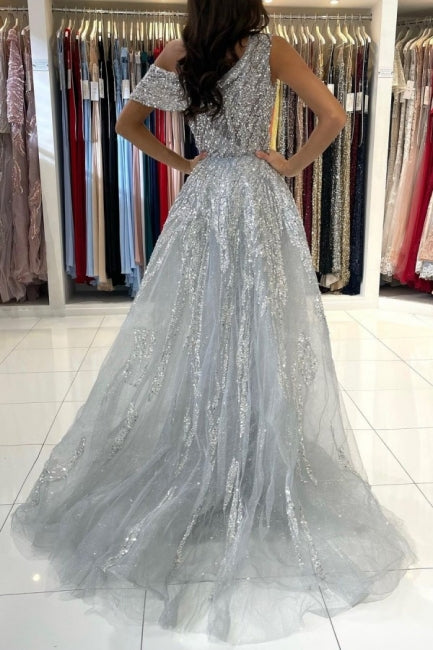 Robe de bal sirène en dentelle à une épaule sans manches noble et pailletée