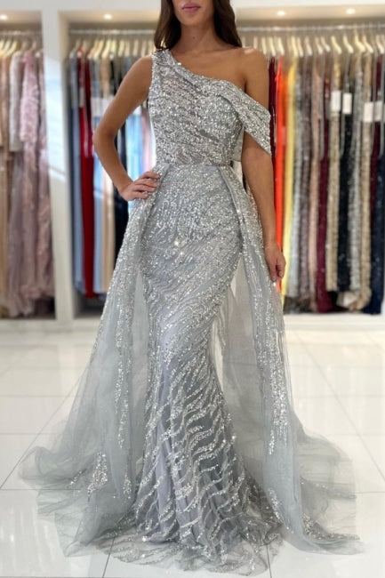 Robe de bal sirène en dentelle à une épaule sans manches noble et pailletée