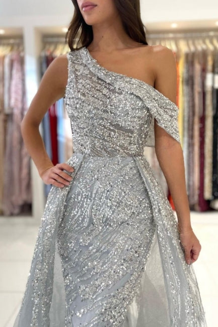 Robe de bal sirène en dentelle à une épaule sans manches noble et pailletée