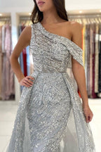 Robe de bal sirène en dentelle à une épaule sans manches noble et pailletée