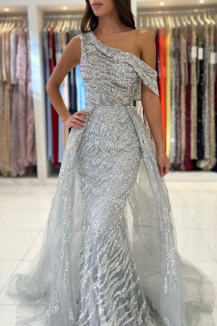Robe de bal sirène en dentelle à une épaule sans manches noble et pailletée