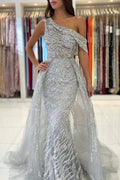 Robe de bal sirène en dentelle à une épaule sans manches noble et pailletée